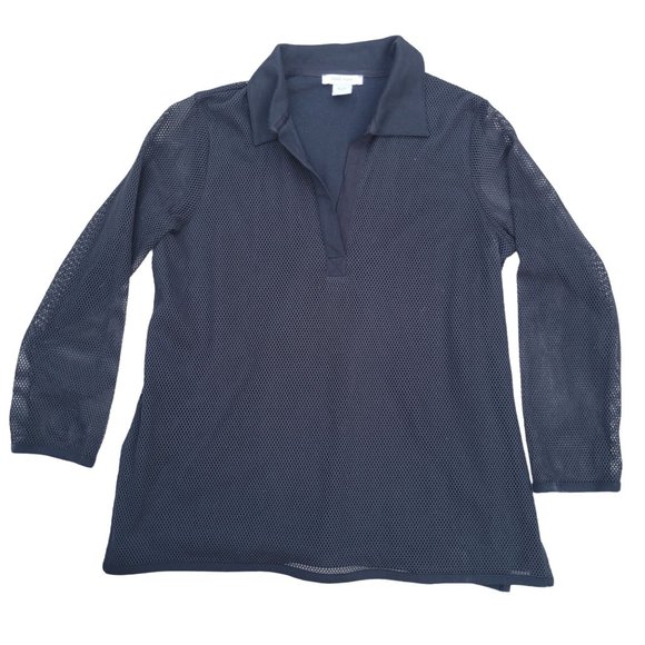 Joan Vass Black 3/4 Sleeve V Neck Mesh Pullover Collared Top Women's Size Large - Picture 6 of 13